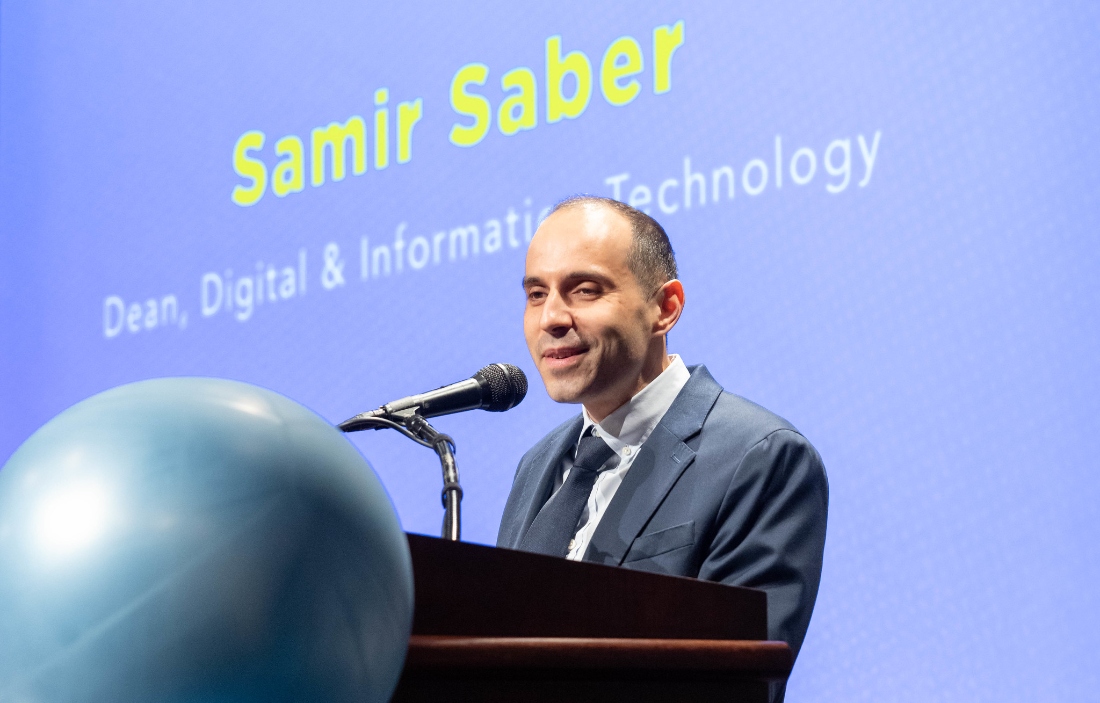 Samir Saber speaks at the 2025 HCC AI & Robotics BAT Commitment Signing Day.